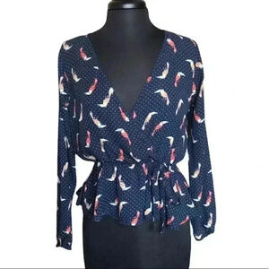 Wishful Polka Dot and Bird Multicolor Casual Long Sleeve Wrap Blouse Size S